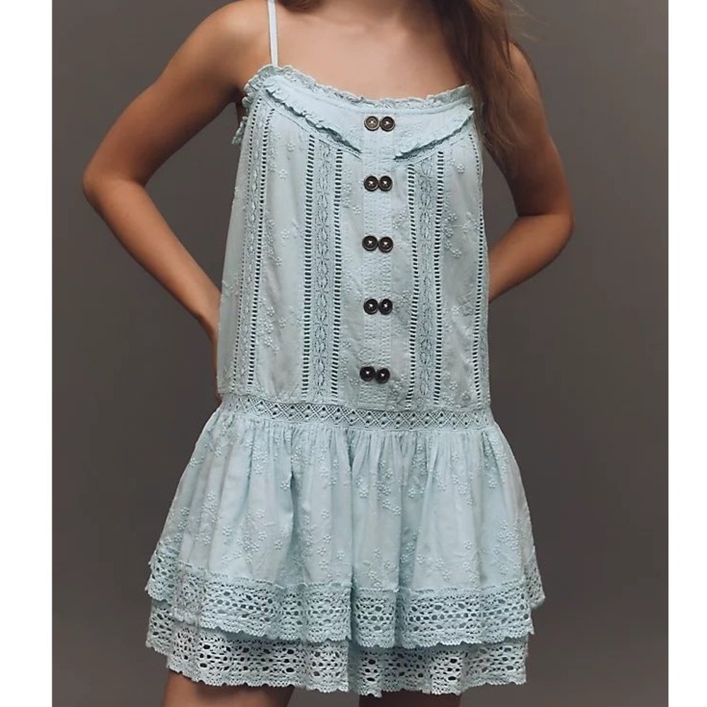 Pilcro Anthropologie Square Neck Swing Mini Dress Blue Eyelet Lace Womens Small